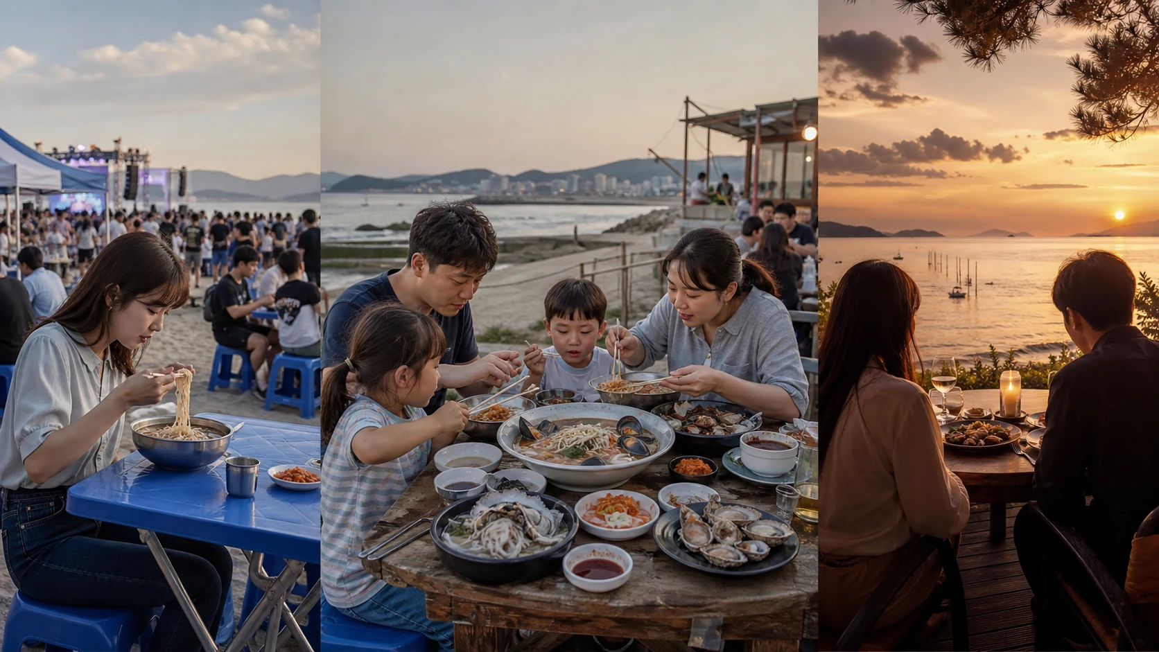 부산바다축제 전후 다대포 식사 스타일을 빠른 한 끼, 가족 식사, 노을 식사로 나눈 비교 이미지