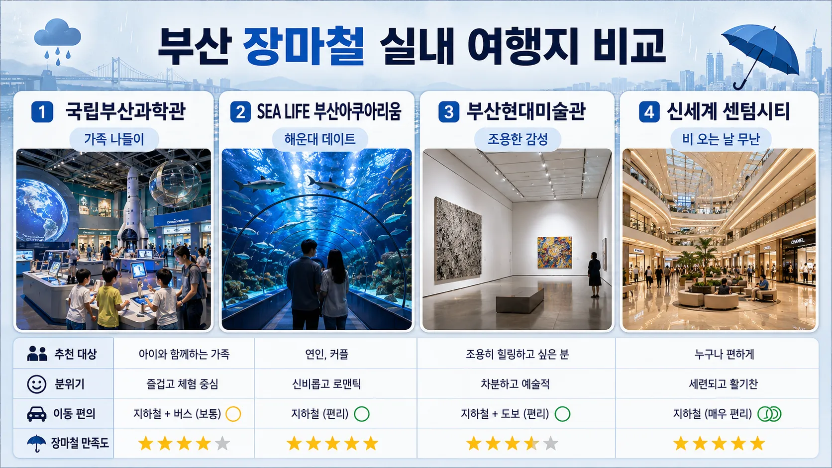 부산 장마철 실내 여행지 비교표